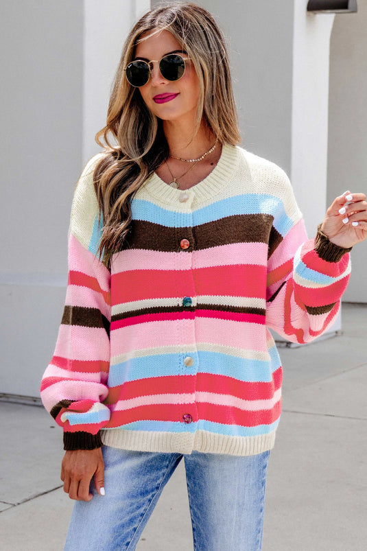 DLLS862 - Ladies Pink Stripe Striped Colorblock Drop Shoulder Cardigan