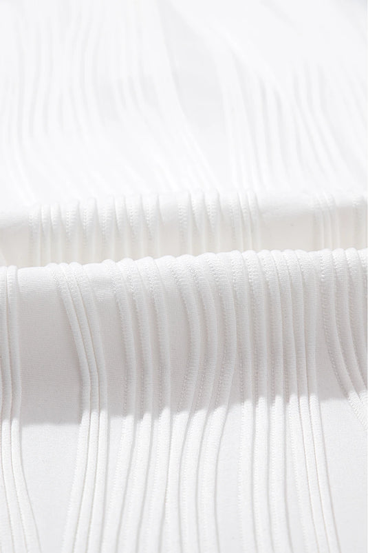 DLLS443 - Ladies White Wavy Textured Button V Neck Tee