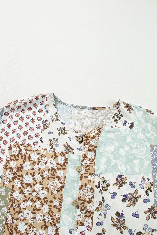 DLLS415 - Ladies Multicolor Floral Patchwork Print Long Puff Sleeve Shirt