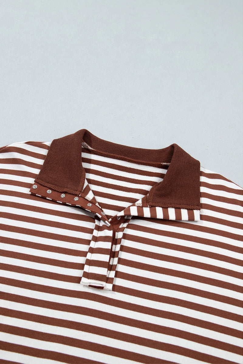 Load image into Gallery viewer, DLLS1087 - Ladies Brown Stripe Color Block Trim Raw Seam Split Hem Loose Pullover Sweatshirt
