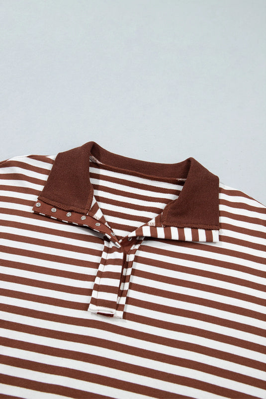 DLLS1087 - Ladies Brown Stripe Color Block Trim Raw Seam Split Hem Loose Pullover Sweatshirt