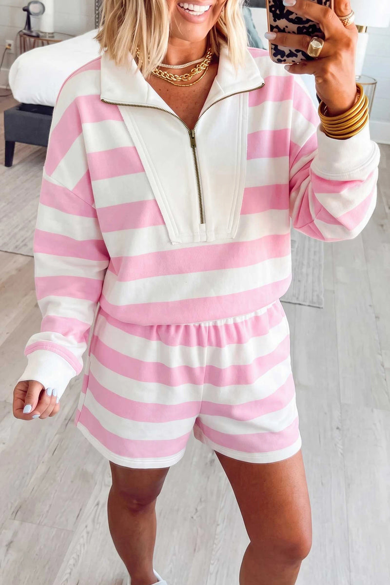 Load image into Gallery viewer, DLLS816 - Ladies Pink Stripe Patchwork Zipper Pullover Elastic Waist Shorts 2pcs Set

