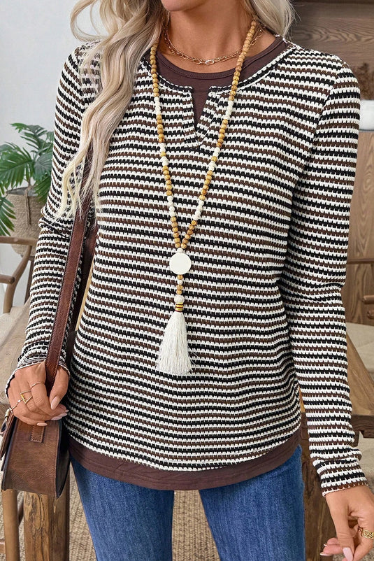 DLLS284 - Ladies Brown Faux Two Piece Textured Striped Round Neck Long Sleeve T Shirt