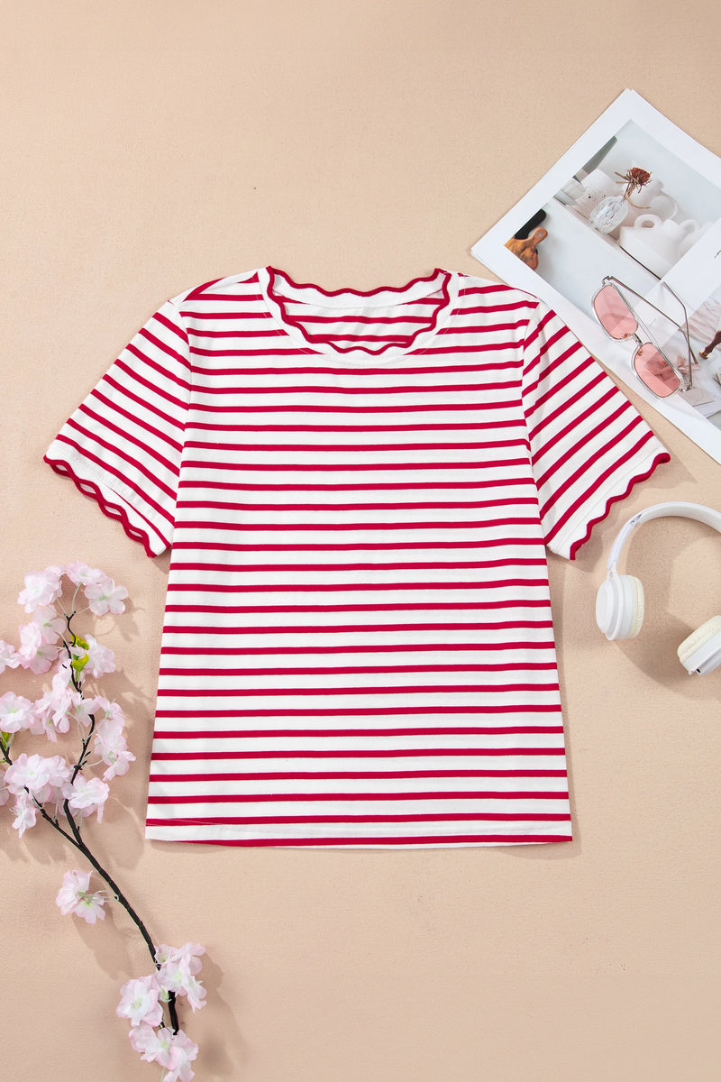 Load image into Gallery viewer, DLLS349 - Ladies Red Stripe Scalloped Trim Round Neck T Shirt
