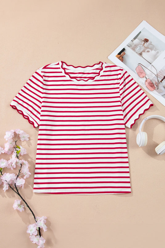 DLLS349 - Ladies Red Stripe Scalloped Trim Round Neck T Shirt