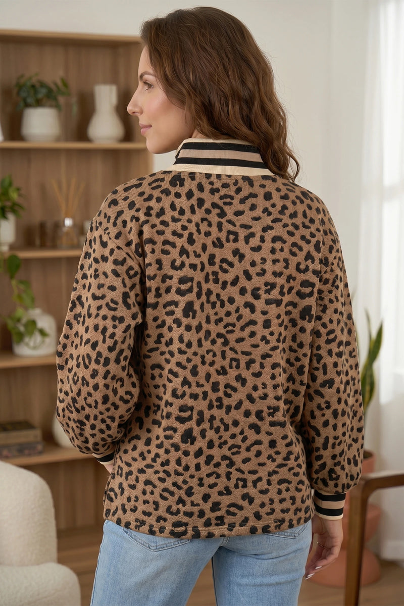 Load image into Gallery viewer, DLLS729 - Ladies Brown Leopard Print Striped Trim Collar Long Sleeve Shift Pullover
