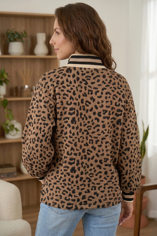 DLLS729 - Ladies Brown Leopard Print Striped Trim Collar Long Sleeve Shift Pullover