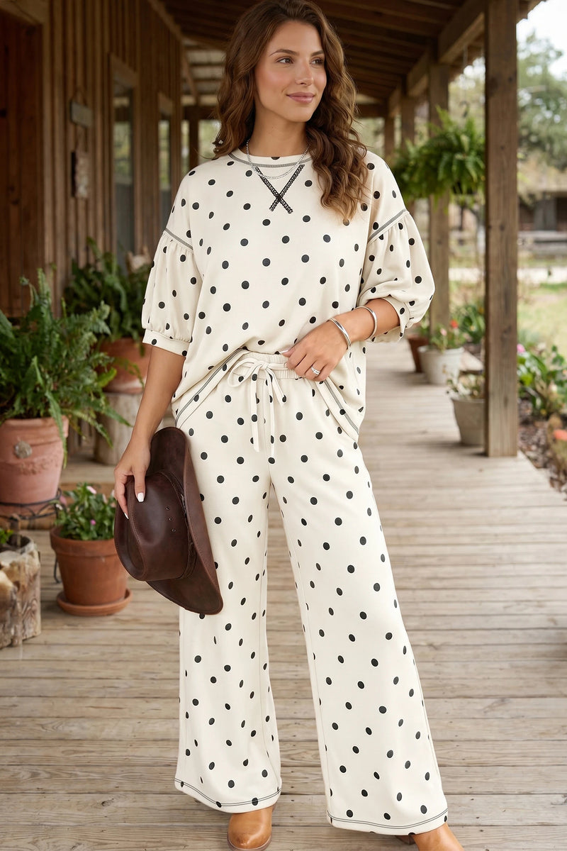Load image into Gallery viewer, DLLS897 - Ladies Beige Polka Dot Half Sleeve Loose Top Elastic Waist Casual Pants Set

