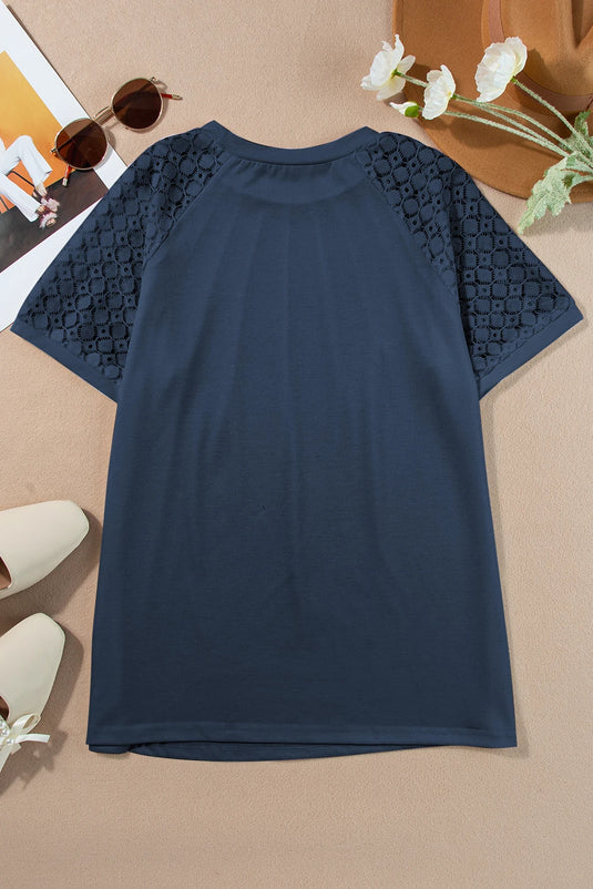 DLLS535 - Ladies Navy Blue Seamed Detail Contrast Lace Raglan Sleeve Tee