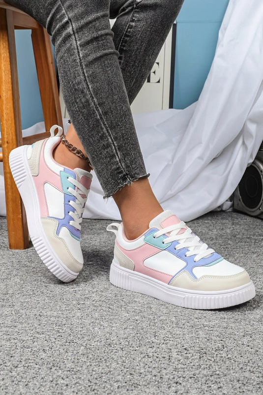 DLLSHOE 167 - Light Pink Color Block Stitched PU Leather Lace-Up Casual Sneakers