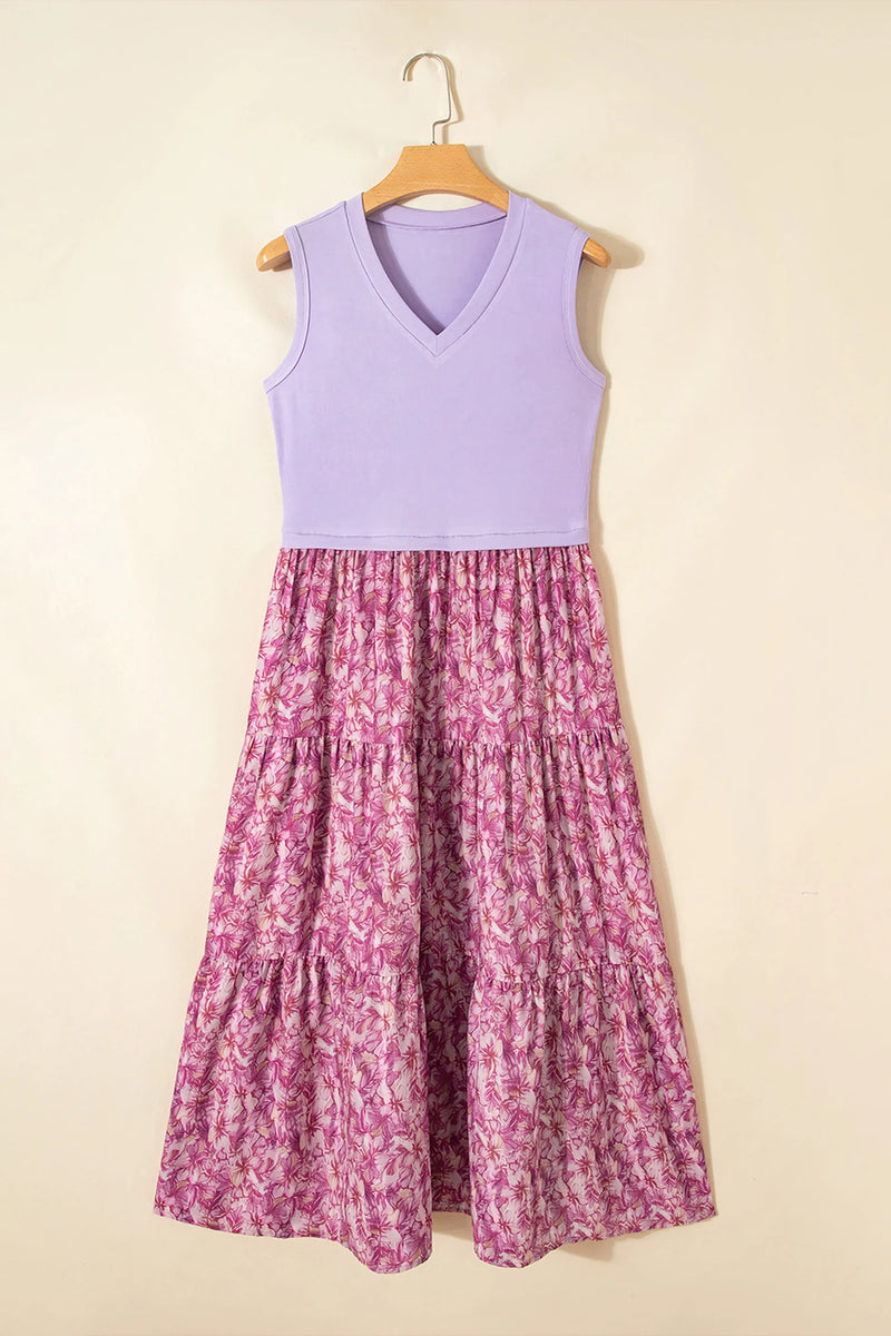 Load image into Gallery viewer, DLLS614 - Ladies Purple Ribbed V Neck Tank Floral Contrast Patchwork Long Dress
