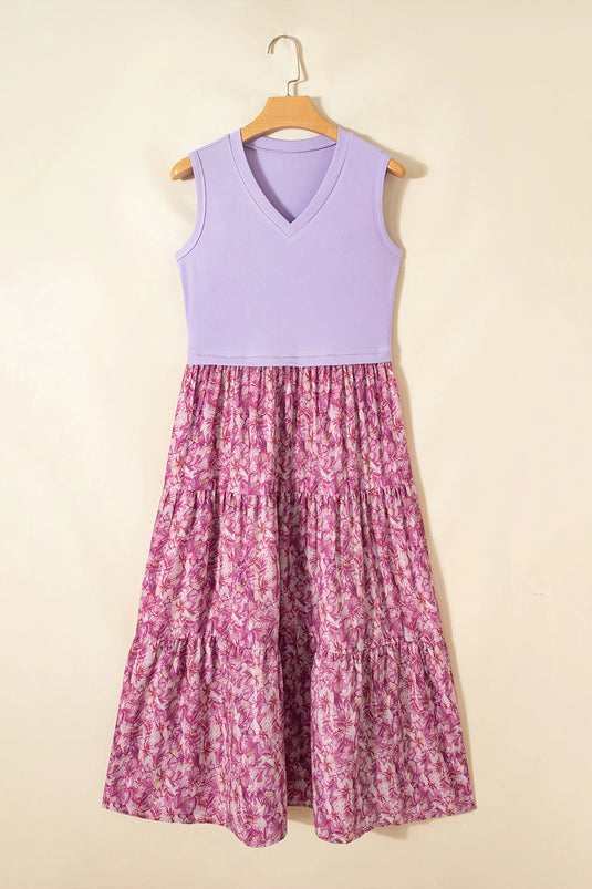 DLLS614 - Ladies Purple Ribbed V Neck Tank Floral Contrast Patchwork Long Dress