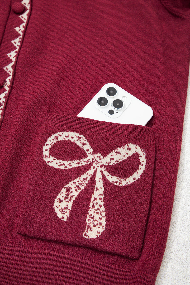 Load image into Gallery viewer, DLLS1009 - Ladies Burgundy Bow Pocket Collar Long Sleeve Knit Cardigan
