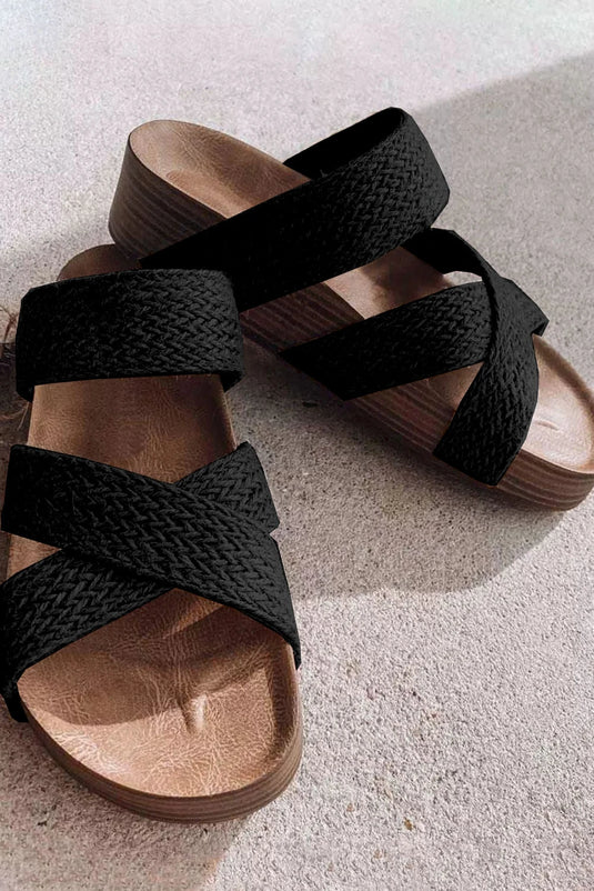 DLLSHOE 137 - Black Woven Cross Criss Hollowed Slip-On Slippers