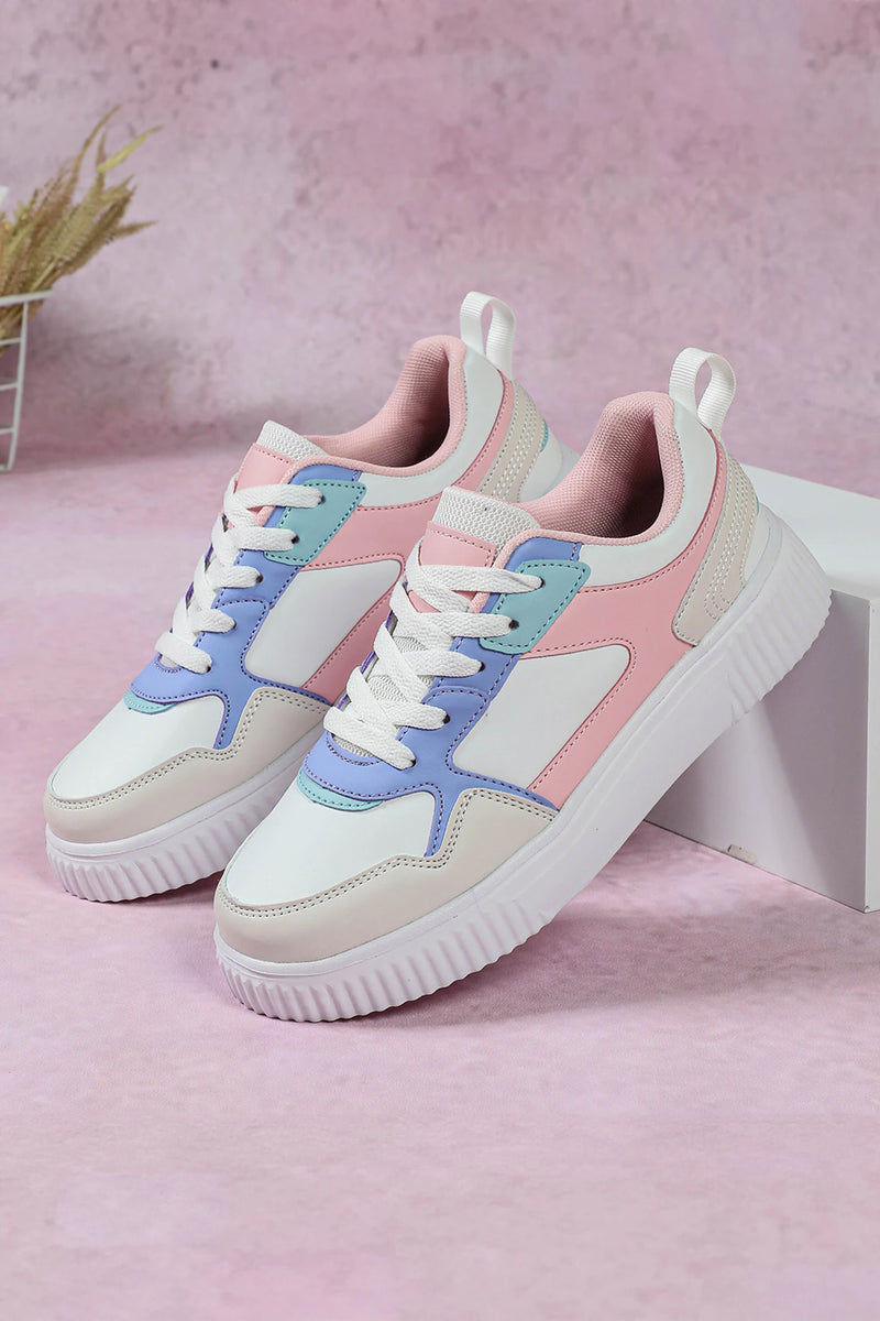 Load image into Gallery viewer, DLLSHOE 167 - Light Pink Color Block Stitched PU Leather Lace-Up Casual Sneakers
