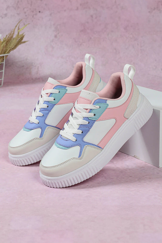 DLLSHOE 167 - Light Pink Color Block Stitched PU Leather Lace-Up Casual Sneakers