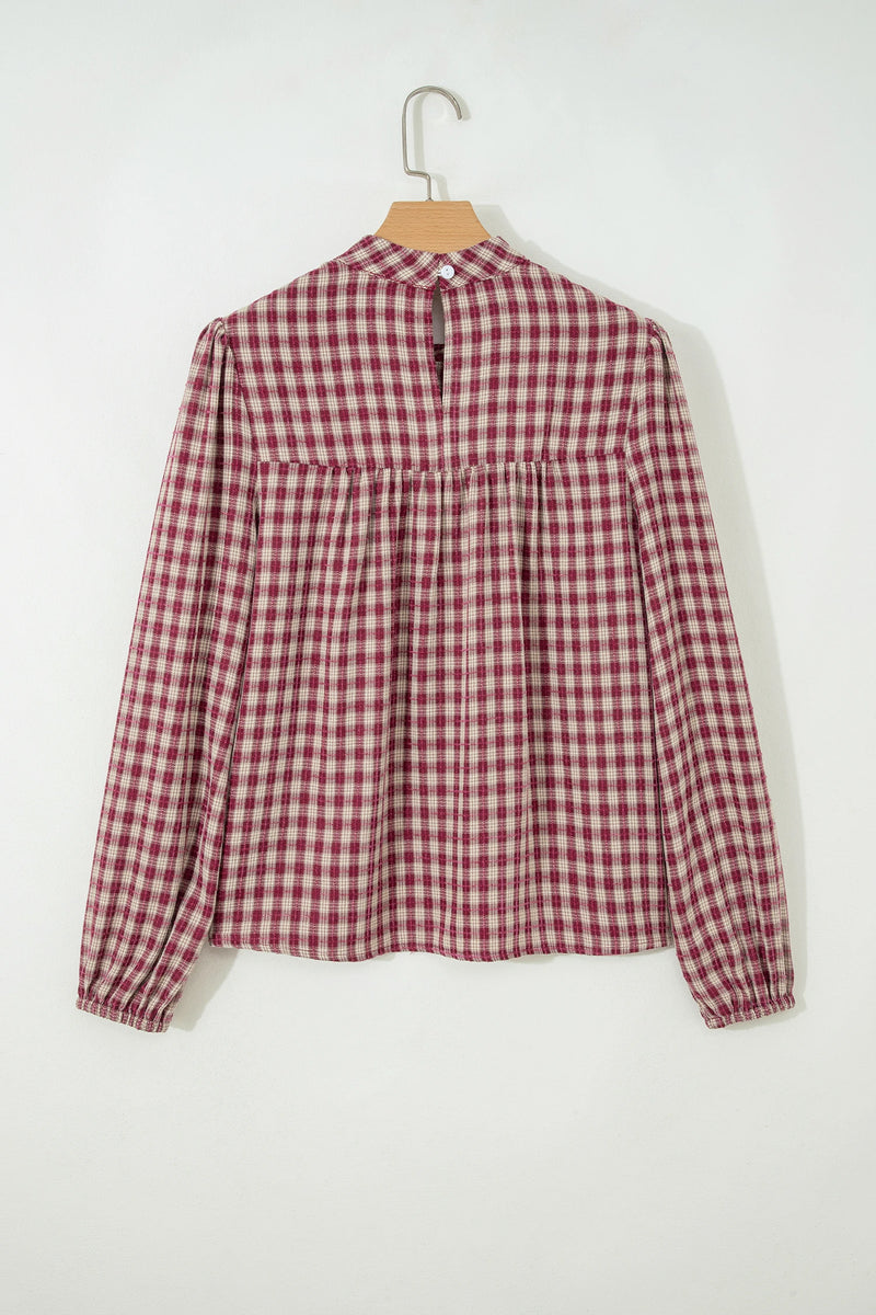 Load image into Gallery viewer, DLLS784 - Ladies Coral Country Plaid Long Sleeve Button Keyhole Pleated Loose Blouse

