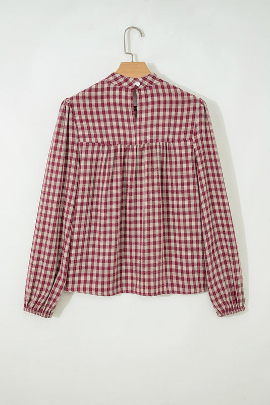 DLLS784 - Ladies Coral Country Plaid Long Sleeve Button Keyhole Pleated Loose Blouse