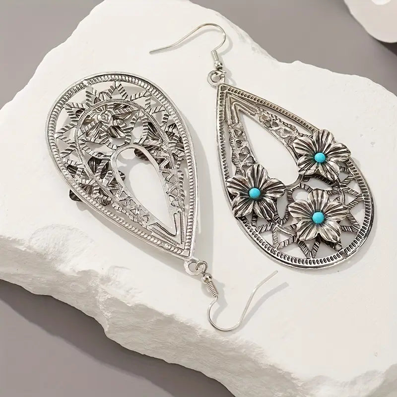 Load image into Gallery viewer, TMER69 - Turquoise &amp; Flowers Open Design Earrings
