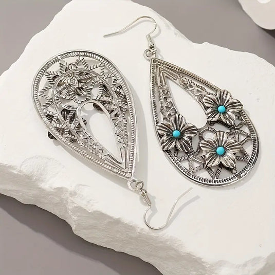 TMER69 - Turquoise & Flowers Open Design Earrings