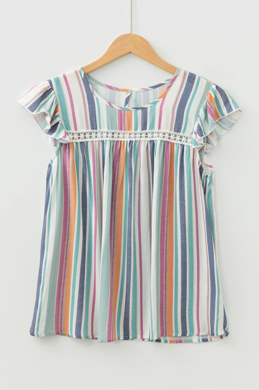 DLLS380- Ladies Light Blue Lace Hollow-out Insert Flutter Sleeve Striped Blouse