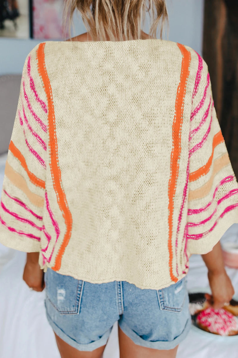Load image into Gallery viewer, DLLS546 - Ladies White Striped Detail Wide Sleeve Lightweight Knitted Sweater
