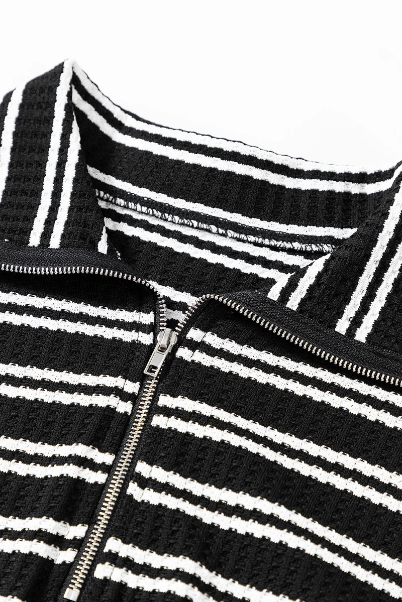 Load image into Gallery viewer, DLLS322 - Ladies Black Stripe Textured Quarter Zip Collar Long Sleeve Top
