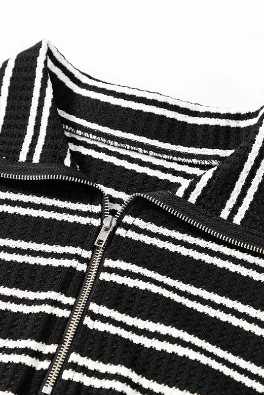 DLLS322 - Ladies Black Stripe Textured Quarter Zip Collar Long Sleeve Top