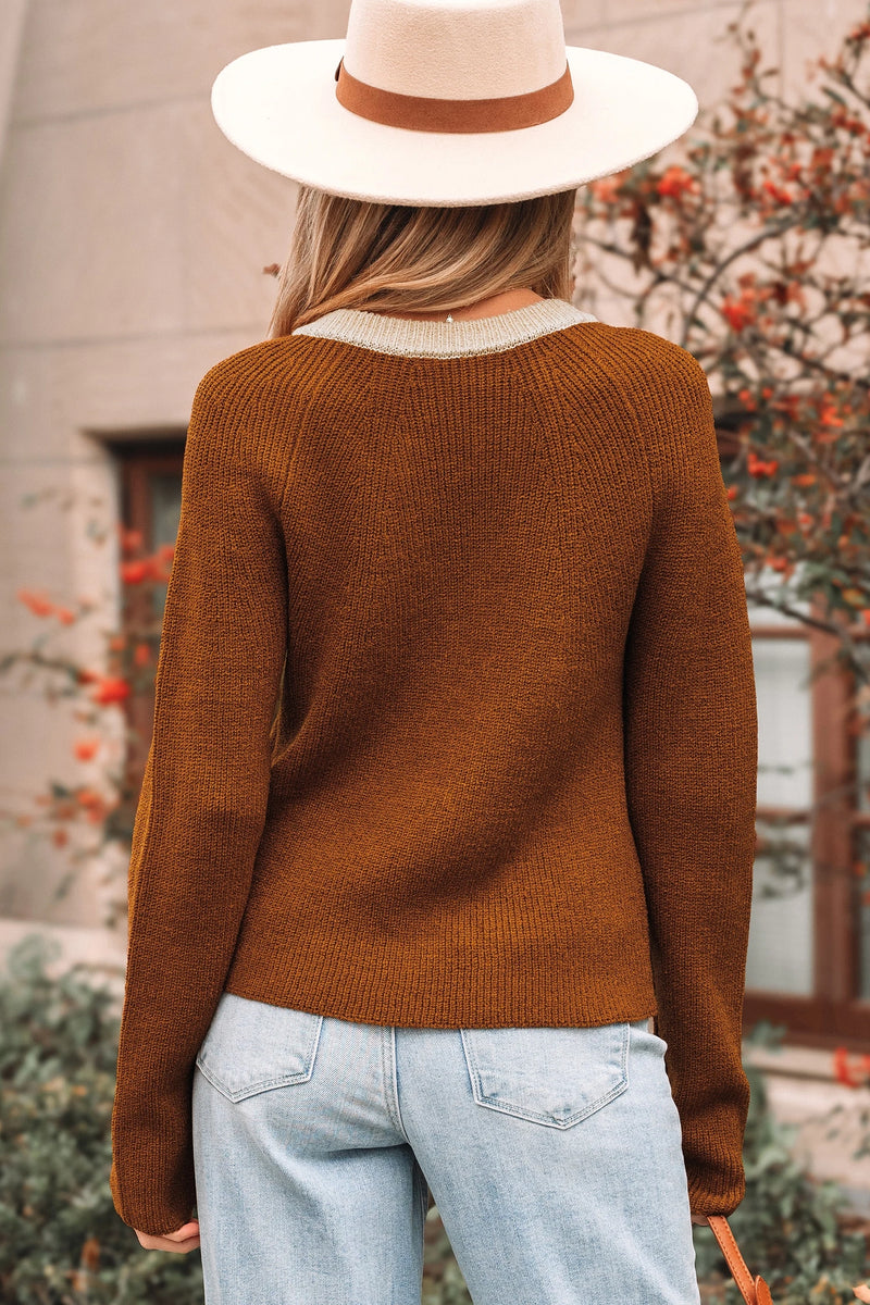 Load image into Gallery viewer, DLLS923 - Ladies Chestnut Contrast Knit V Neckline Short Cardigan
