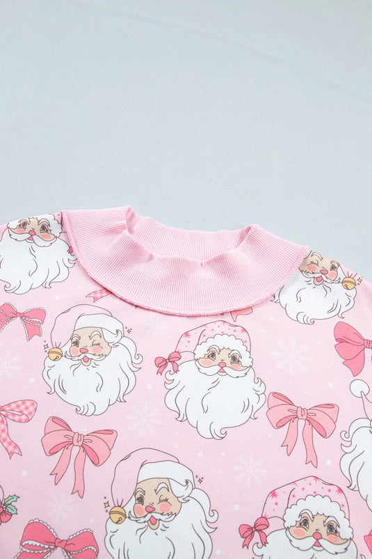 DLLS947 - Ladies Pink Abstract Santa Print Drop Shoulder High Neck Sweatshirt