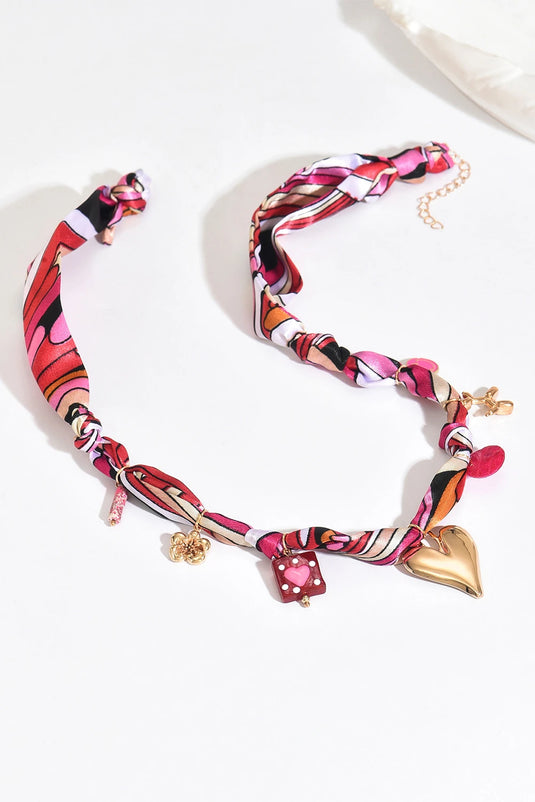 DLLNK 10 - Strawberry Pink Valentines Multi Detail Knot Scarf Necklace