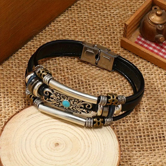 TMBC36 - Leather Woven Bracelet with Gemstone Accents