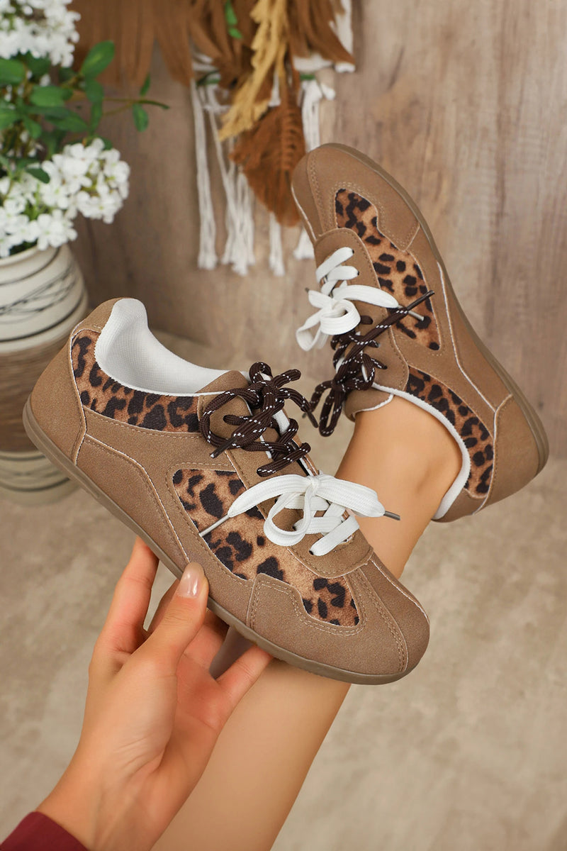 Load image into Gallery viewer, DLLSHOE 168 - Thai Curry Lace-Up PU Leather Leopard Print Casual Flat Shoes
