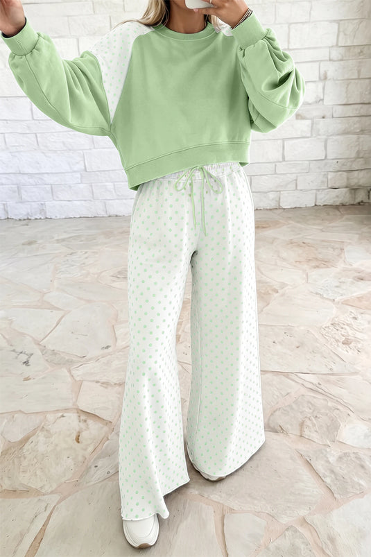 DLLS1088 - Ladies Green Polka Dot Patchwork Colorblock Long Sleeve Casual Two Piece Pants Set