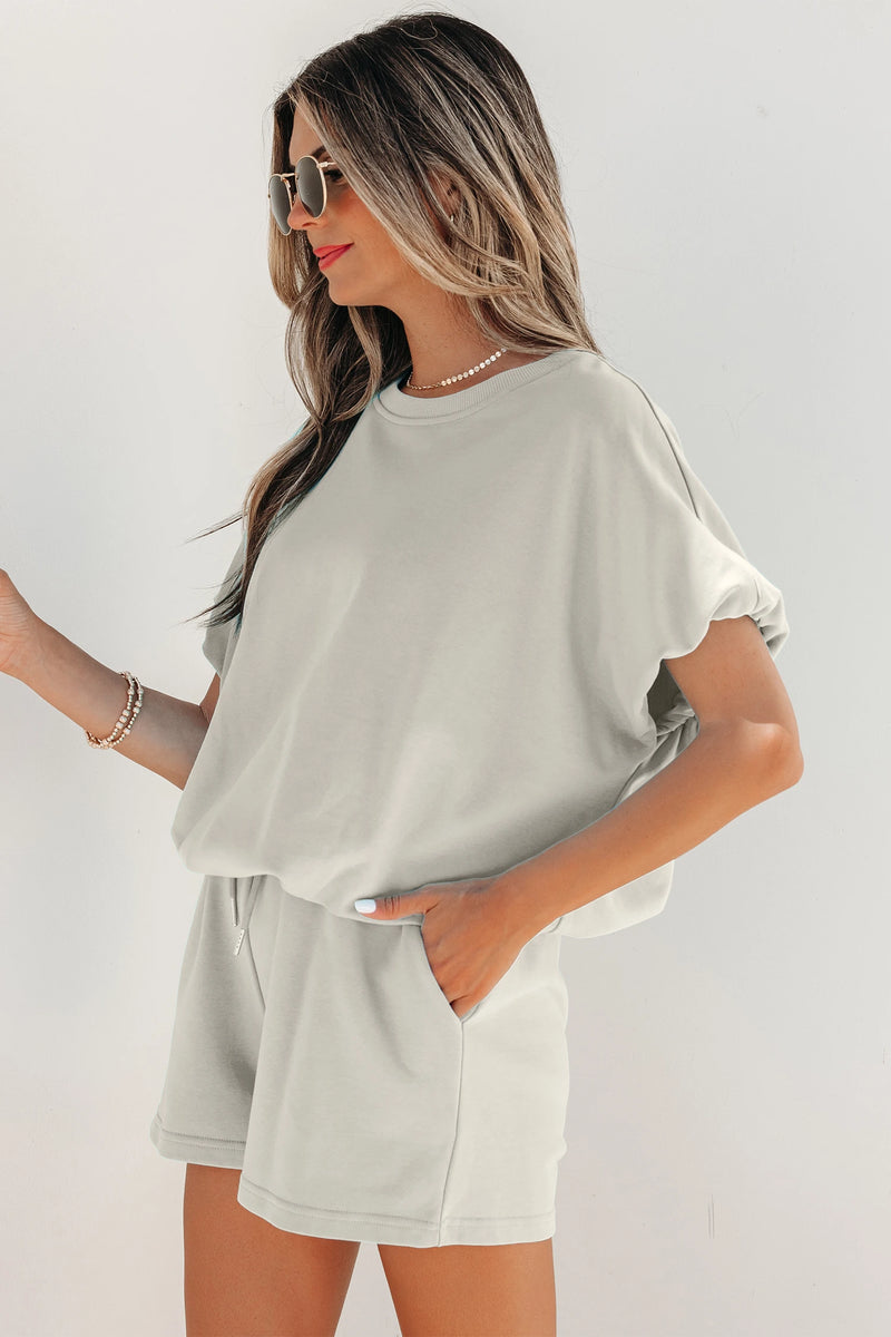 Load image into Gallery viewer, DLLS606 - Ladies Smoke Gray Solid Color Puffy Loose Top Drawstring Shorts 2pcs Outfit
