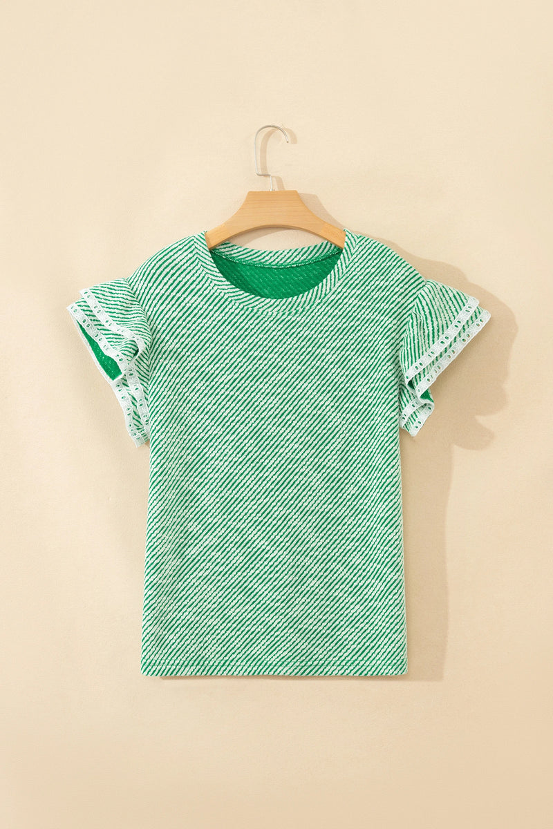 Load image into Gallery viewer, DLLS700 - Ladies Clearly Aqua Twilled Print Lace Trim Ruffled Short Sleeve Blouse
