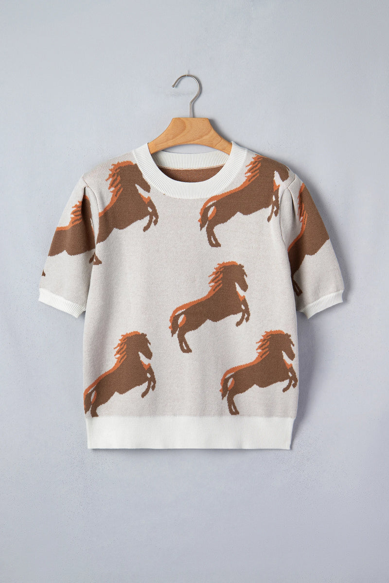 Load image into Gallery viewer, DLLS741 - Ladies White Western Horse Printed Short Puff Sleeve Sweater
