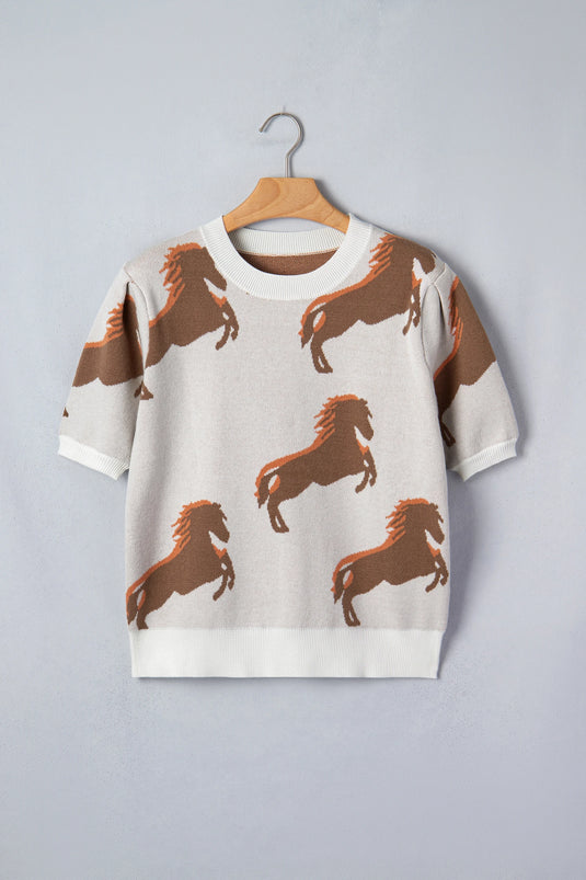 DLLS741 - Ladies White Western Horse Printed Short Puff Sleeve Sweater