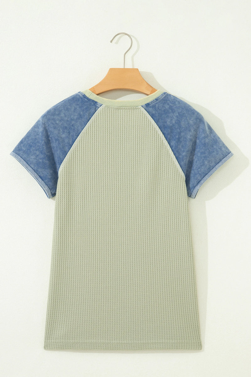 Load image into Gallery viewer, DLLS943 - Ladies Green Waffle Knit Seam Detail Color Block Patchwork Short Sleeve Top
