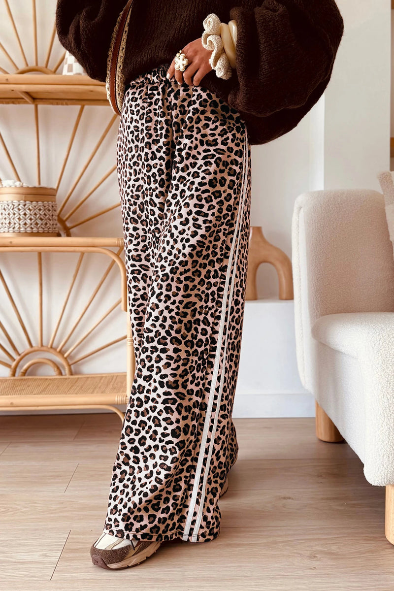 Load image into Gallery viewer, DLLS786 - Ladies Beige Leopard Print Side Striped Detail Casual Wide Leg Pants
