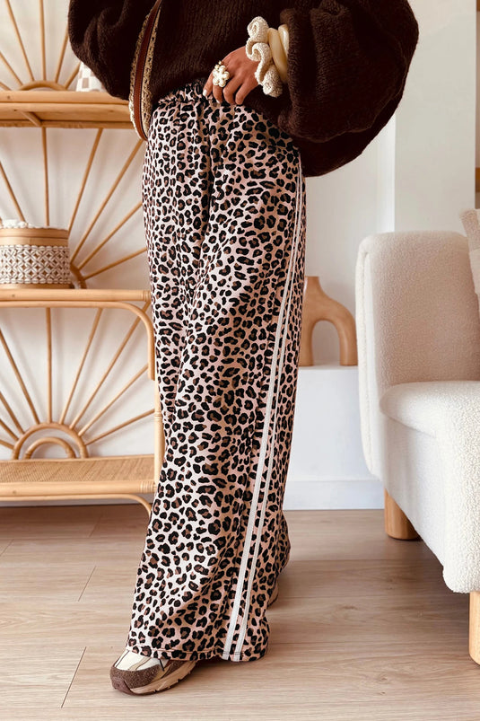 DLLS786 - Ladies Beige Leopard Print Side Striped Detail Casual Wide Leg Pants