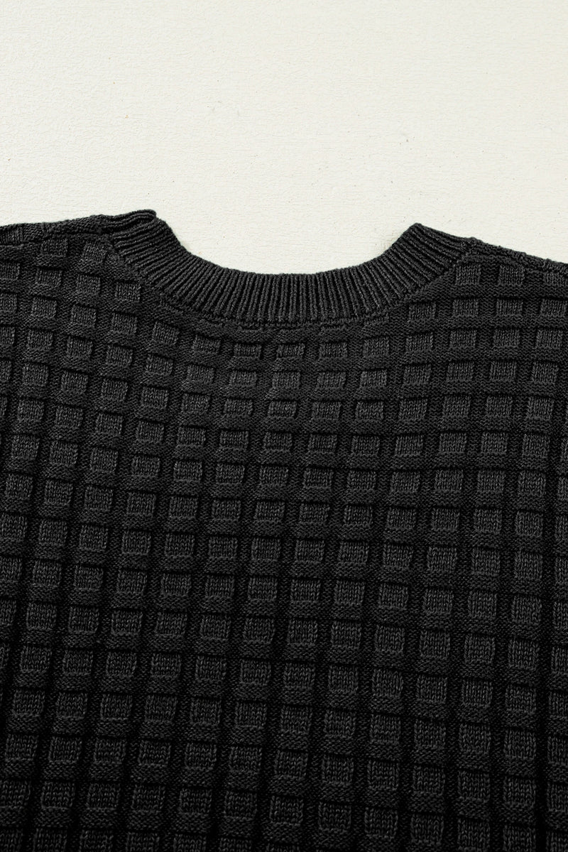 Load image into Gallery viewer, DLLS487 - Ladies Black Solid Color Round Neck Textured Short Sleeve Sweater
