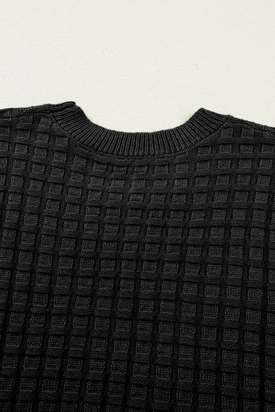 DLLS487 - Ladies Black Solid Color Round Neck Textured Short Sleeve Sweater