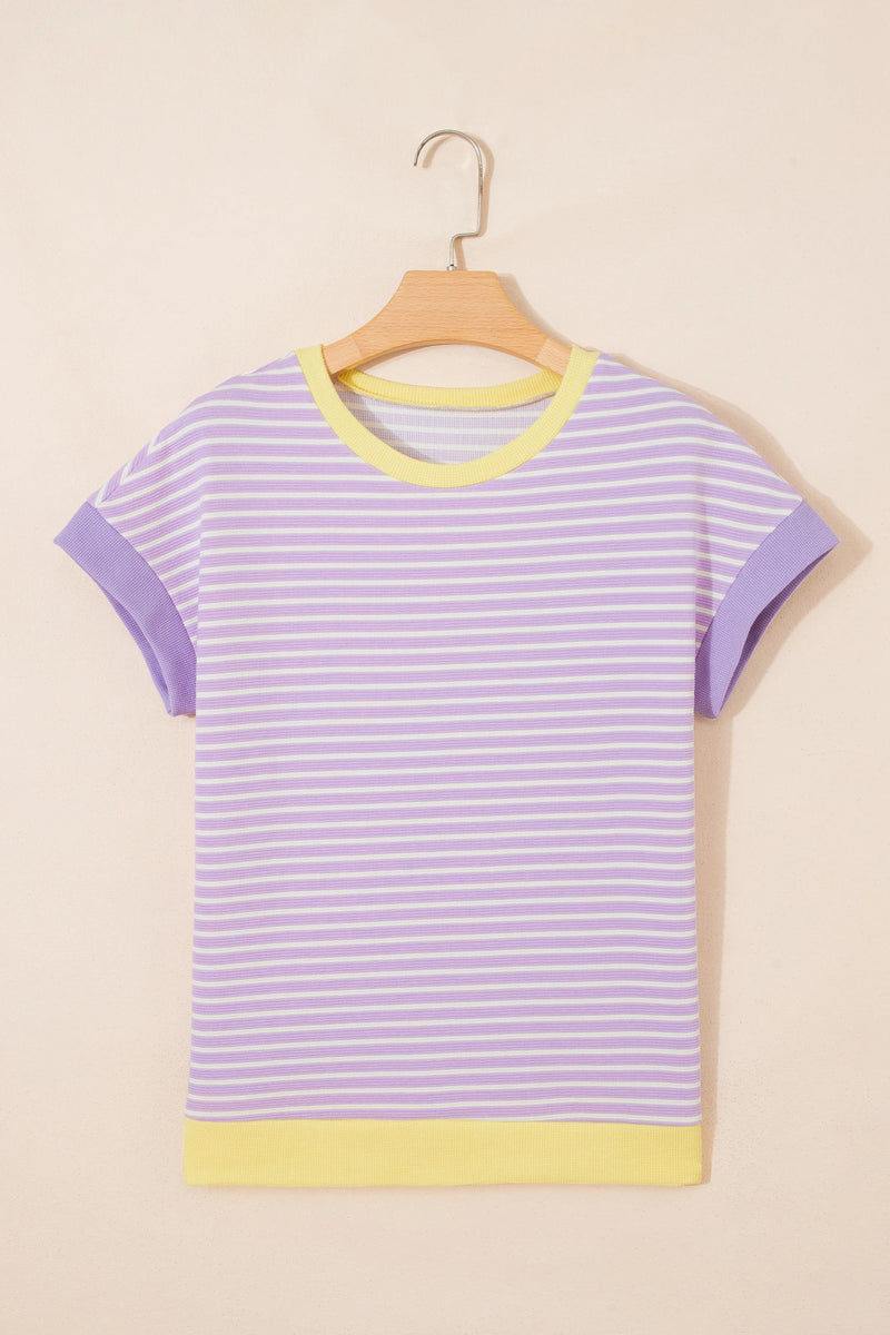 Load image into Gallery viewer, DLLS699 - Ladies Purple Striped Colorblock Paneling Collar Cuff Hem Texture T-Shirt
