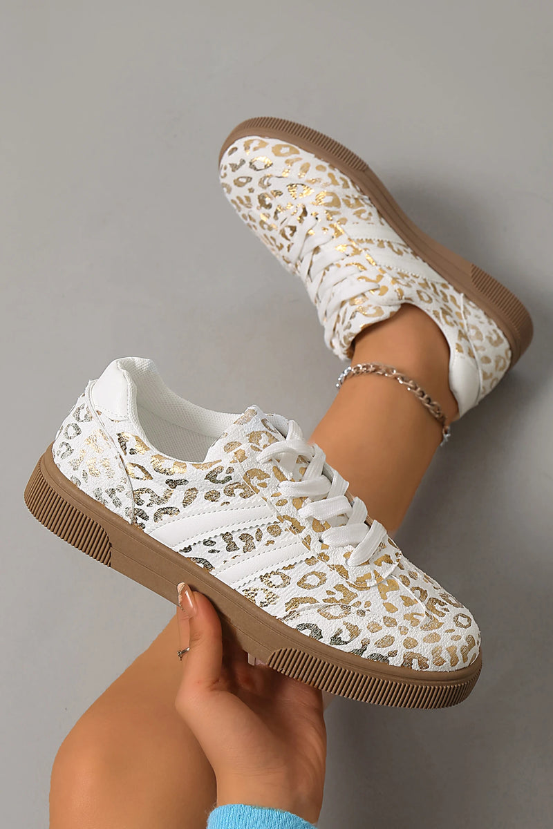 Load image into Gallery viewer, DLLSHOE 91 - Gold Metallic Leopard Print Lace Up Flat Shoes

