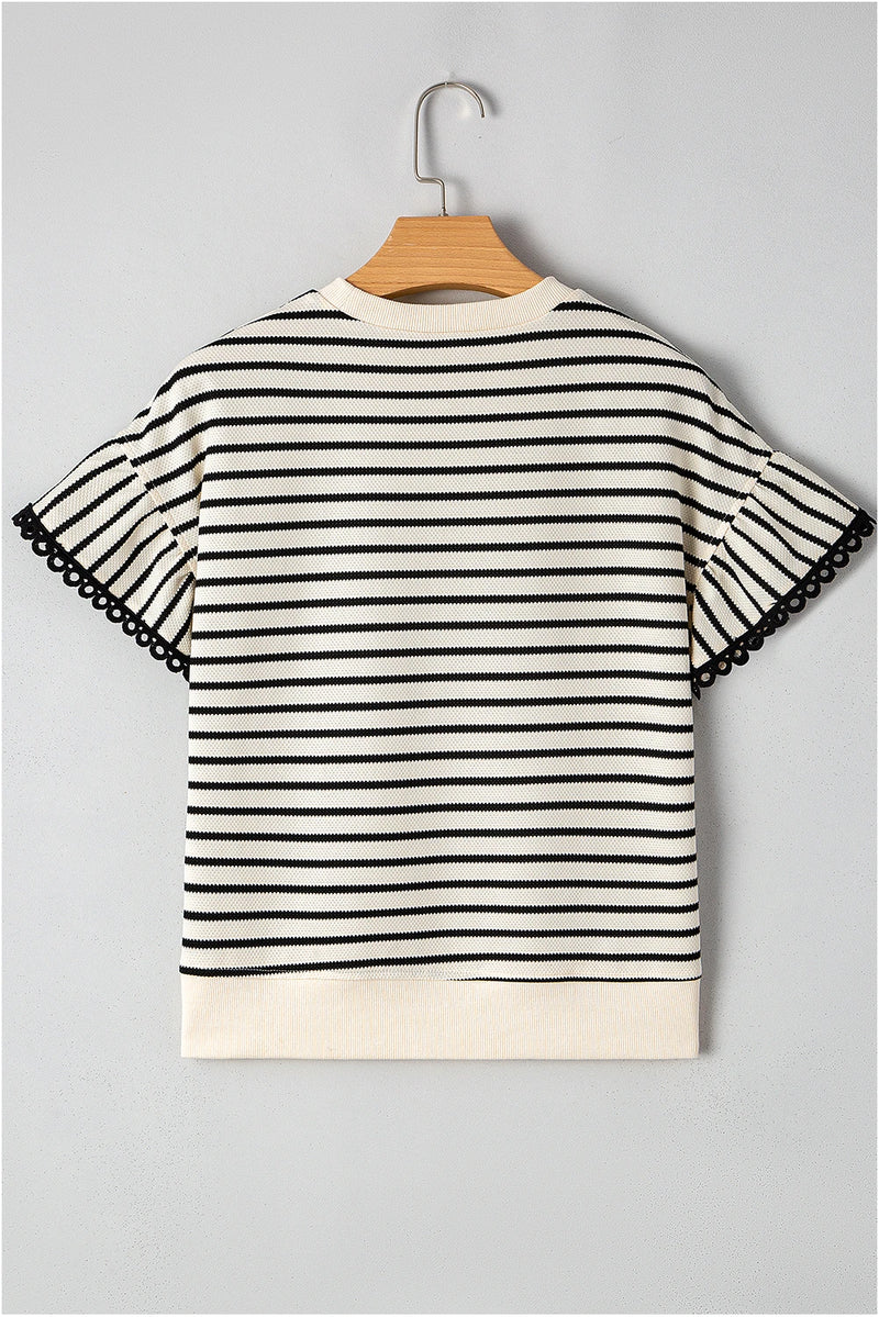 Load image into Gallery viewer, DLLS430 - Ladies Black Stripe Scallop Lace Trim Ruffle Short Sleeves Crewneck Top
