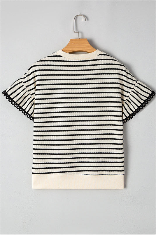 DLLS430 - Ladies Black Stripe Scallop Lace Trim Ruffle Short Sleeves Crewneck Top