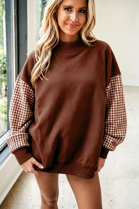 DLLS866 - Ladies Coffee Plaid Sleeve Colorblock Loose Tunic Sweatshirt