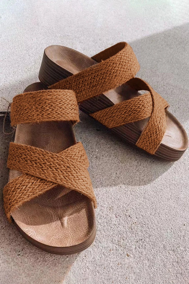 Load image into Gallery viewer, DLLSHOE 126 - Brown Woven Cross Criss Hollowed Slip-On Slippers
