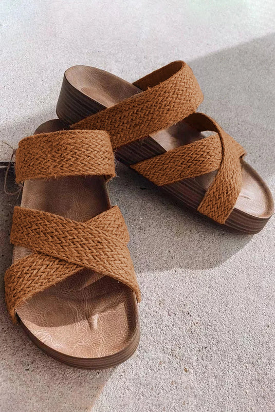 DLLSHOE 126 - Brown Woven Cross Criss Hollowed Slip-On Slippers